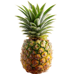 Fototapeta premium A fresh, whole, ripe pineapple stands upright, showcasing its spiky green crown and golden-brown, textured body against a solid transparent background. background removed