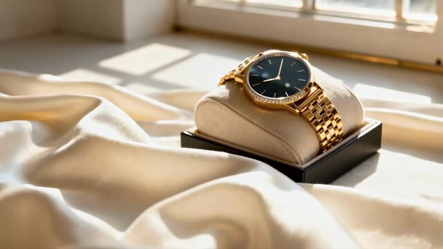 An elegant gold watch with a black dial and diamond bezel rests in its box on a display cushion, sitting on silk fabric beautifully illuminated by warm sunlight from a nearby window