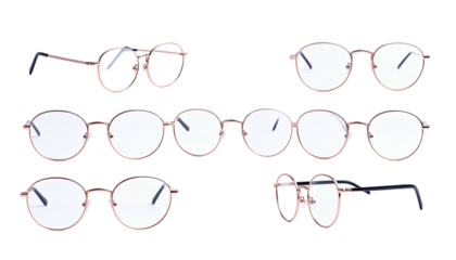 Assortment of round, rose-gold eyeglasses arranged in a dynamic and creative layout