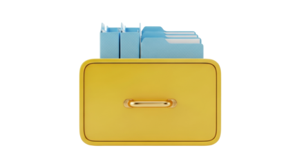 Isolated Yellow file cabinet containing blue folders for organization and storage of data