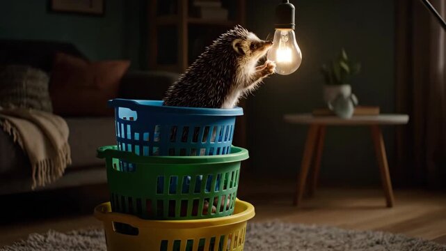 Hedgehog Sits Atop a Laundry Basket Tower Under a Bright Light in Living Room