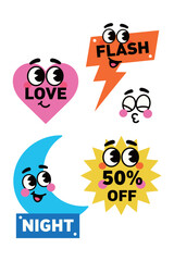 Cartoon Night and Love Themed Stickers with 50% Off Flash Sale and Cute Emojis
