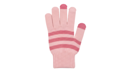 Isolated pink knit glove with stripes and touchscreen fingers for cold weather days