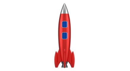 Isolated red rocketship for space exploration and adventure concept. Ready for launch.