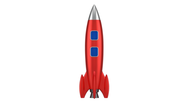 Isolated red rocketship for space exploration and adventure concept. Ready for launch.