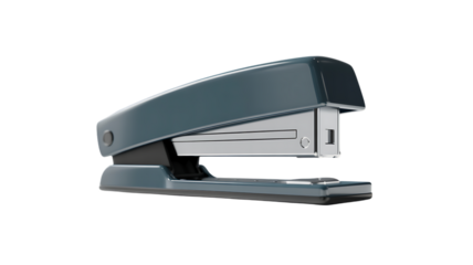 A dark teal stapler isolated on a transparent background, a common office supply for binding papers together
