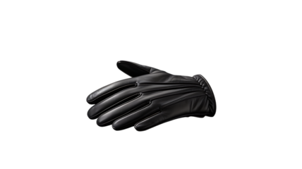 A black leather glove with fingers slightly spread, isolated on a clean transparent background, highlighting its form
