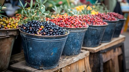 Fresh Olives in Rustic Buckets at Market
