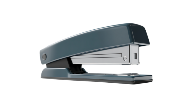 A dark teal stapler isolated on a transparent background, a common office supply for binding papers together