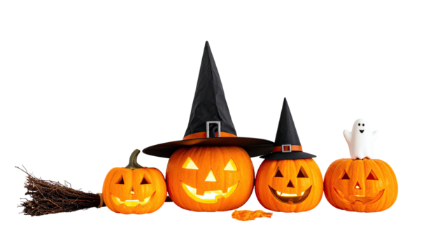 Carved pumpkins and a ghost with witch hats and broom against black