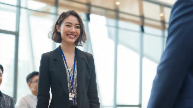 Confident Asian woman celebrates promotion with supportive colleagues in modern office