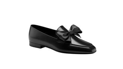 A single black patent leather loafer with a bow detail, isolated on a transparent background