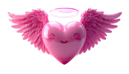 Angelic Heart Pink Heart with Wings, Halo, 3D Render, Love, Valentine's isolated on solid white background Png form