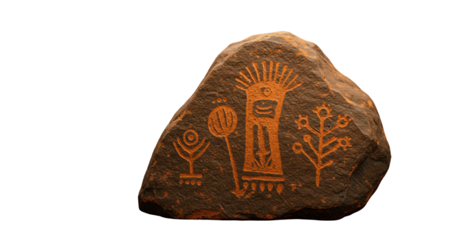 Ancient Rock Art Unveiled: A weathered rock reveals an ancient tapestry of symbols and figures. Timeless expression captured with historical intrigue. 