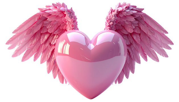 Angelic Heart Pink Heart with Wings, Halo, 3D Render, Love, Valentine's isolated on solid white background Png format