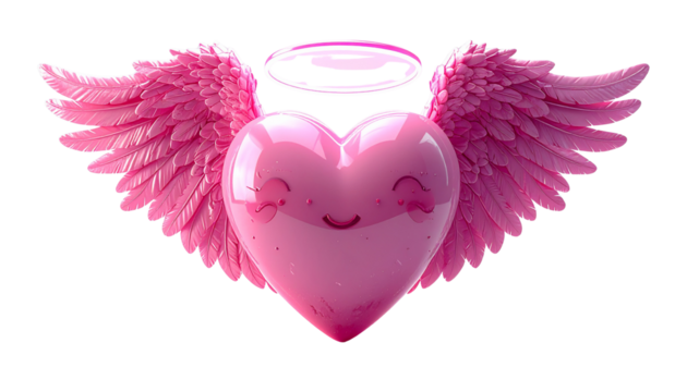 Angelic Heart Pink Heart with Wings, Halo, 3D Render, Love, Valentine's isolated on solid white background Png form