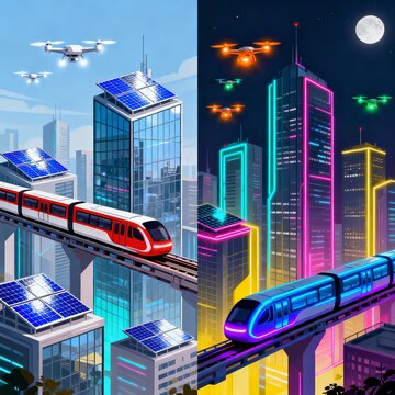Futuristic Smart City with Solar Trains and Drones &ndash; Day and Night Concept

