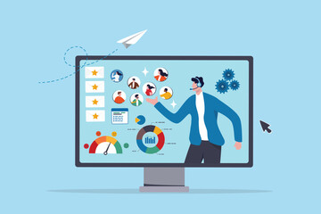 CRM software customer relationship management strategy, digital marketing or sale, client communication service, support system, man support customer on CRM dashboard software on computer monitor.