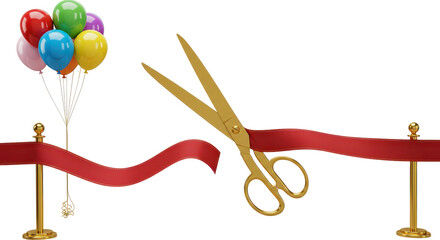Grand Opening Ceremony: Golden scissors snip a vibrant red ribbon, signifying a moment of inauguration, potential, and joyous beginning, accompanied by a cheerful cluster of colorful balloons.