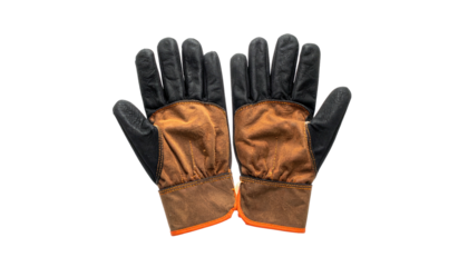 Pair of worn work gloves with black and tan panels, orange trim, on black