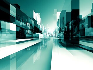 Abstract Futuristic Cityscape Digital Art Teal and White Blocks
