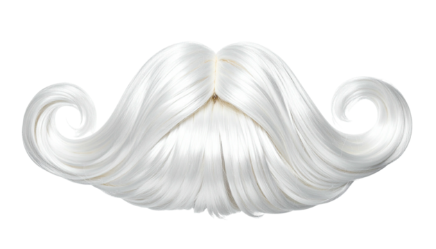 White, styled beard and mustache isolated on black. Silky, long, and curly ends