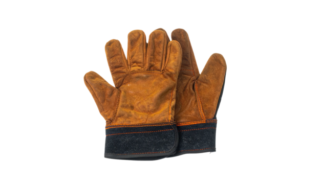 Two work gloves, brown leather with black cuffs, isolated on a black background