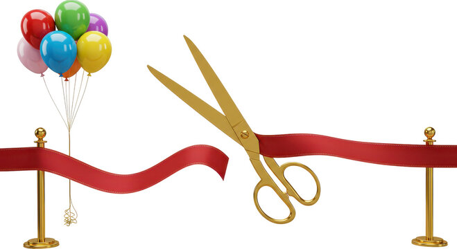 Grand Opening Ceremony: Golden scissors snip a vibrant red ribbon, signifying a moment of inauguration, potential, and joyous beginning, accompanied by a cheerful cluster of colorful balloons.