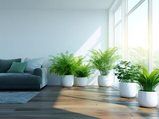 Modern living room with green plants and large windows. Cozy sofa with cushions and wooden table create a natural indoor space, filled with sunlight.