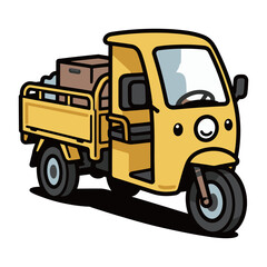 Cute Cartoon Yellow Delivery Tuk Tuk Truck with Cargo Boxes Illustration