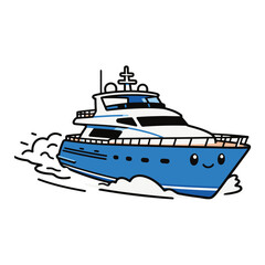 Cute Cartoon Blue Luxury Yacht or Speed Boat Cruising on Water Illustration