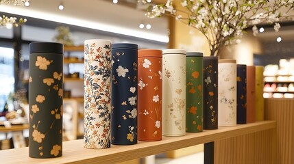 Elegant Floral Insulated Tumblers Displayed on Wooden Shelf