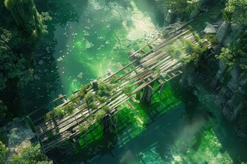 Top view fantasy map with rustic wooden bridge crossing vibrant river through lush tropical forest. Sunrays filter through greenery, creating an immersive DnD board game setting