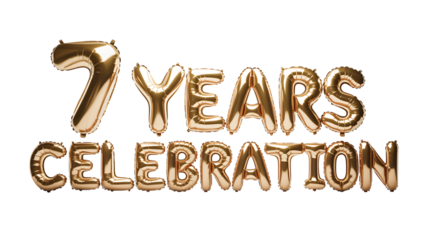 Golden balloons spelling out 7 years celebration isolated on transparent background
