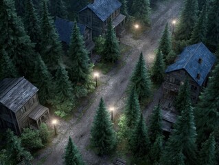 Forest village with wooden houses. Dark trees and lit path create eerie night scene. Ideal for DND game map.