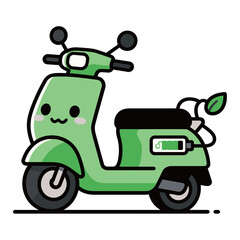 Cute Cartoon Green Electric Scooter with Battery and Eco-Friendly Leaf Symbol Illustration