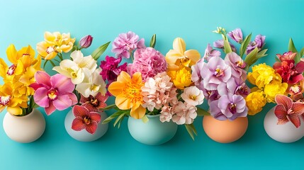 Vibrant Floral Arrangement in Pastel Vases