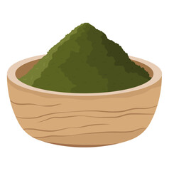 Matcha Powder in Wooden Bowl Illustration Isolated on White Background