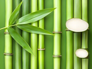 Obraz premium Vibrant Green Bamboo Stalks and Leaves Closeup