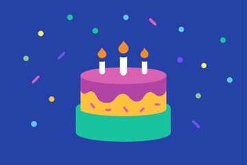 A colorful birthday cake with candles and confetti