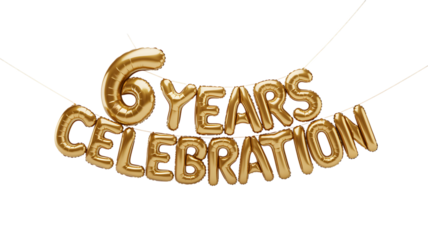 Golden balloons spelling out 6 years celebration isolated on transparent background, perfect for anniversary or milestone events