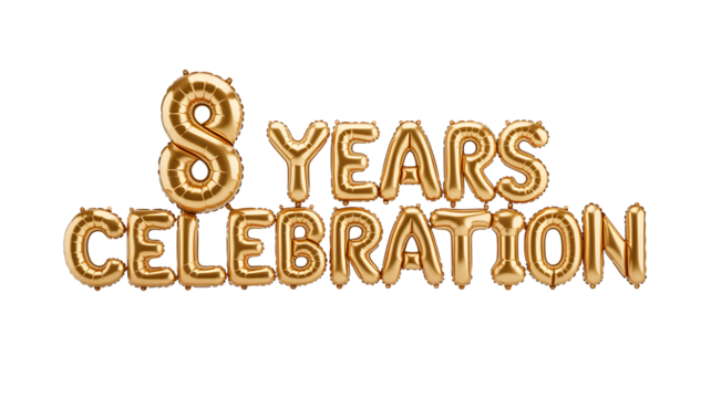 Golden balloons spelling out 8 years celebration isolated on transparent background