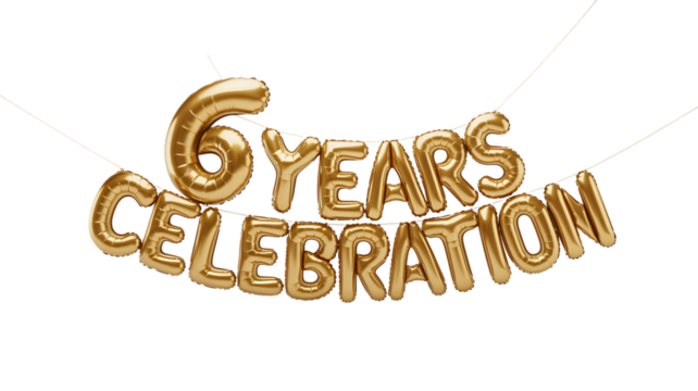 Golden balloons spelling out 6 years celebration isolated on transparent background, perfect for anniversary or milestone events