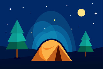Camping scene with tent trees and starry night sky