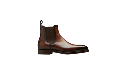 A single brown leather chelsea boot with elastic side panels and a pull tab, isolated on transparent background
