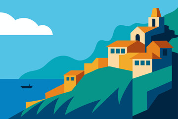 Fototapeta premium Coastal village on hillside with boat on the water