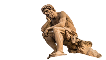 Classic sculpture of a seated, contemplative male figure, on a black background