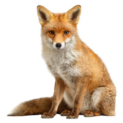Fototapeta premium A captivating red fox with a fluffy white chest sits attentively, gazing directly forward against a forest transparent background. background removed