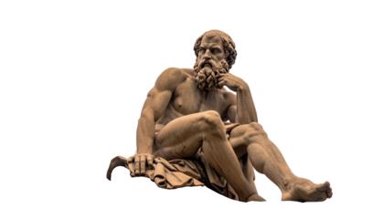 A marble statue of a seated, bearded man with arms and legs