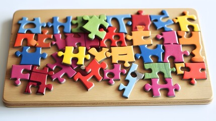 Colorful Jigsaw Puzzle Pieces on Wooden Board